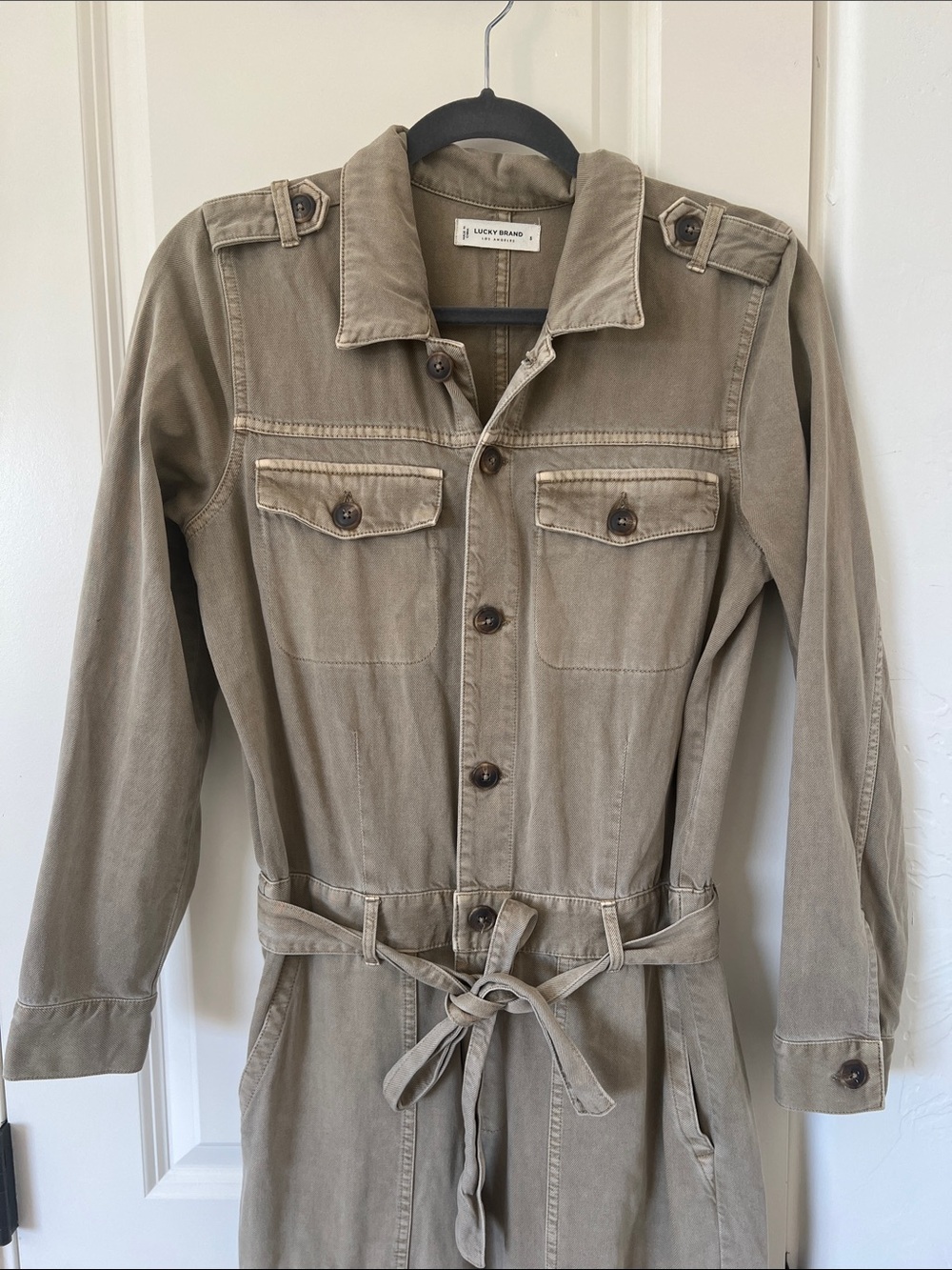 Lucky Brand Olive-Taupe Utility Jumpsuit with Waist Tie - Picture 2 of 15